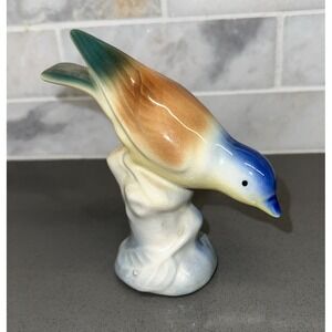 Royal Copley Vintage Fly Catcher Bird  Blue Brown Yellow Green Figurine 4.5x5"